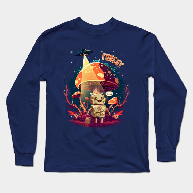 Funguy Little Robot Collecting Mushrooms Long Sleeve T-Shirt by OnstOn